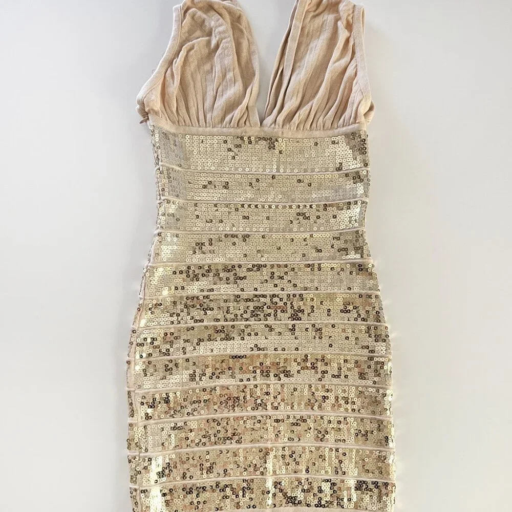 Arden B. Gold sequin beige stretchy knit bodycon dress SM - Picture 2 of 7